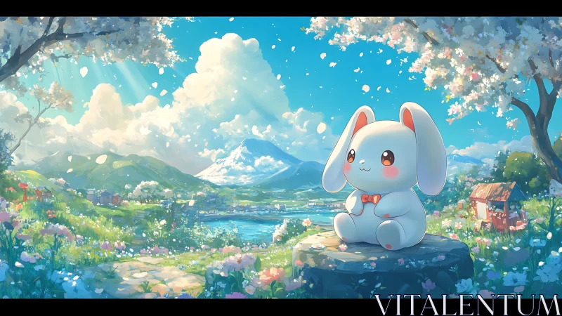 Cute bunny mascot enjoys a dreamy spring valley panorama.