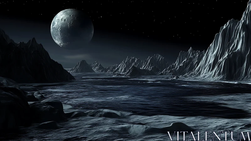 Alien moonlit seascape unfolds under a distant giant planet.