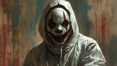 Sinister hooded clown with blood-smeared mask stare.