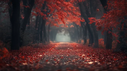 Foggy tree tunnel with red autumn foliage and leaf carpet path