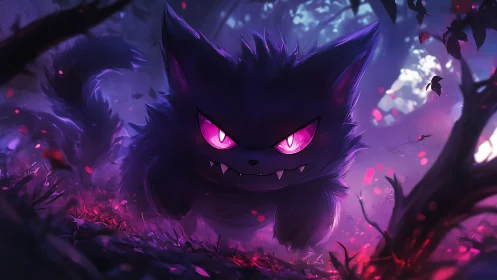 Dark feline creature advances through luminescent forest scene