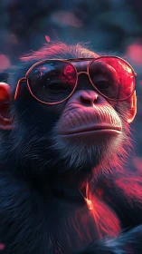 Sunglasses simian soaks in neon dusk with quiet swagger.