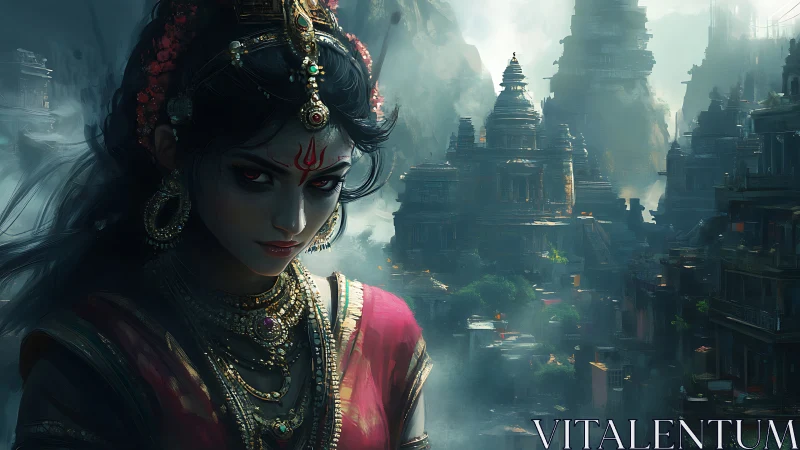 Mythic priestess in mist-laden temple megastructure panorama.