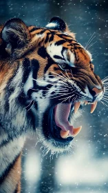 Winter snow swirls around a roaring tiger in icy focus
