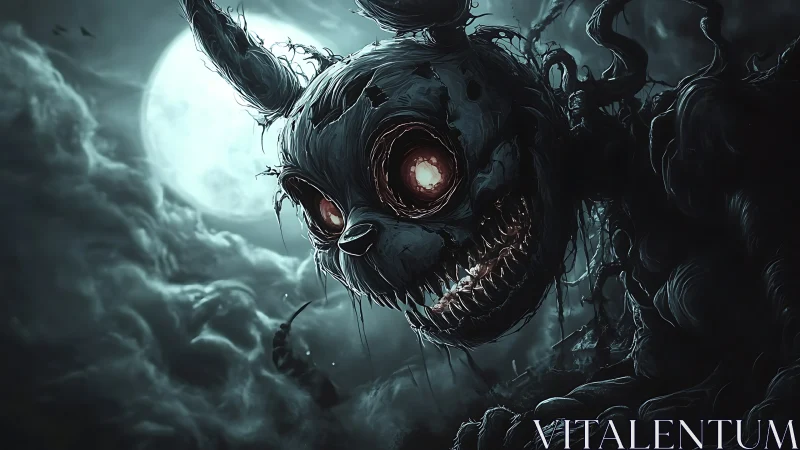 Nightmarish rabbit monster under full moon, horror focus.