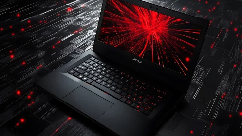 Black gaming laptop displays red digital explosion effect