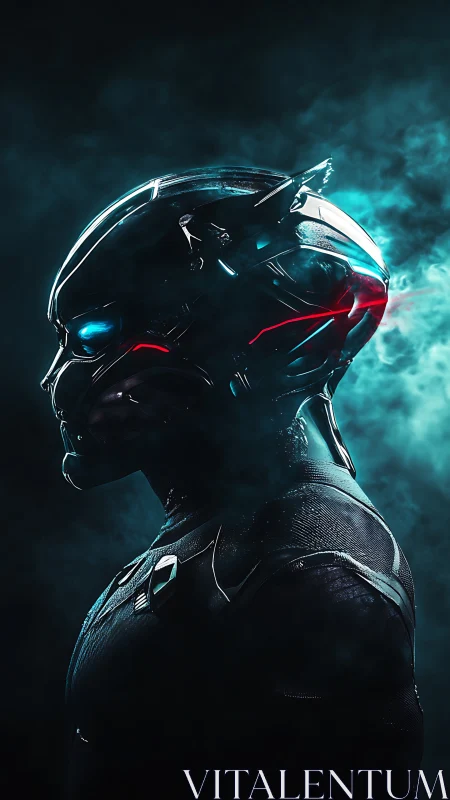 Neon warborn cyborg stands in stormlit techno mist.