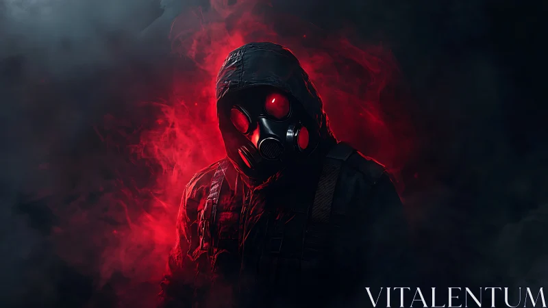 Figure in gas mask stands in red smoke against dark void