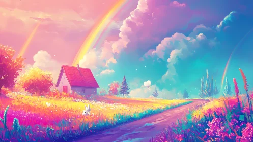 Iridescent cottage meadow under layered rainbows at dusk