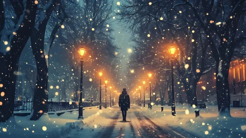 Cinematic winter boulevard with solitary figure and lamplight symmetry.