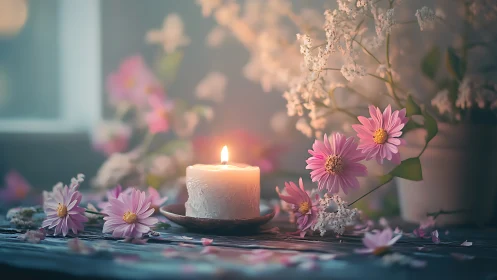 Luminous Moments with Pink Daisies and Glowing Candle