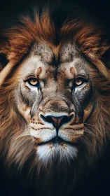 Close frontal portrait of adult male lion in low light.