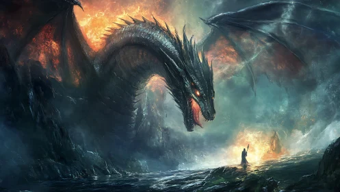 Colossal fire dragon confronts lone mage in stormlit gulf.