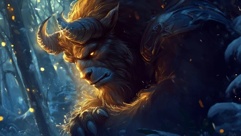 Horned beast with glowing eyes in a dark winter forest.