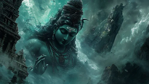 Divine Shiva emerges in swirling teal cosmic storm clouds