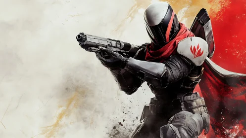 Armored sci fi marksman aims pistol amid crimson smoke.