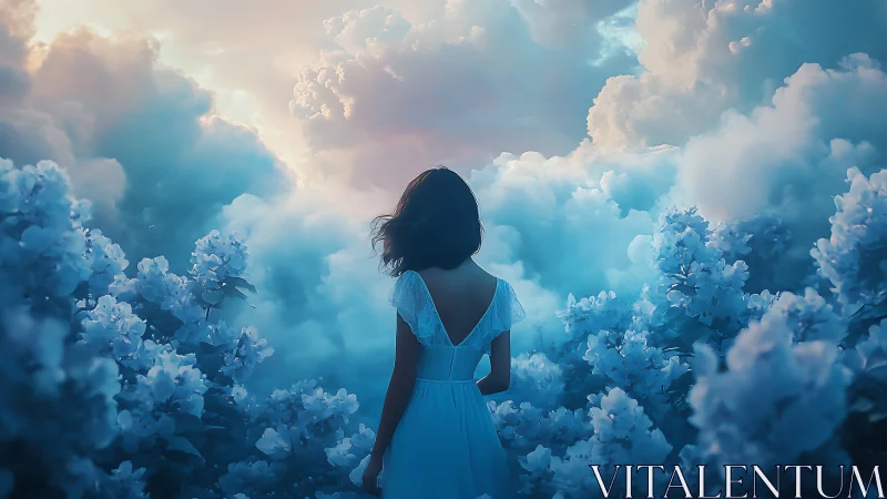 Woman in blue dress standing in dreamy cloud garden scene.