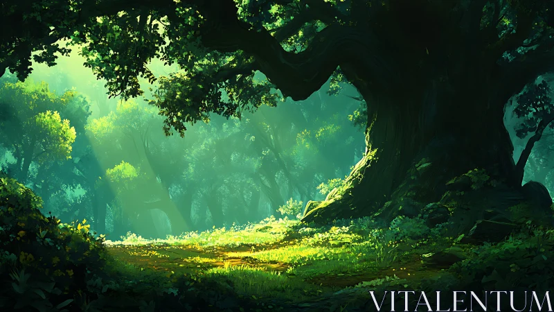 Luminous cavern interior suffused by golden sunlight filtering through canopy