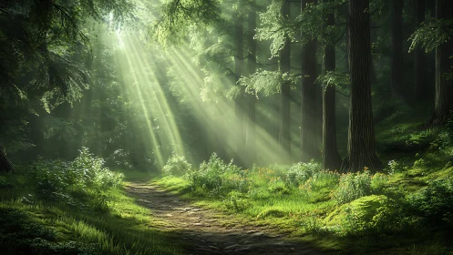 Sunlight Streaming Through Ancient Forest Path.