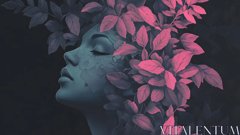 Dreaming stone muse dissolves into vivid pink foliage