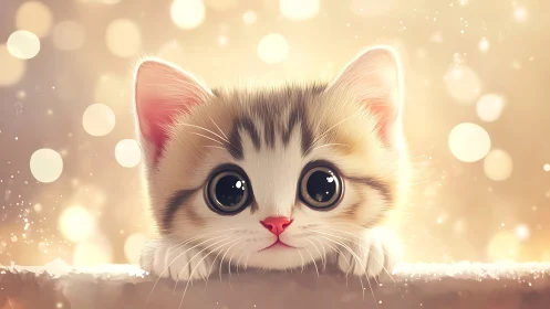 Illustrated cat with oversized eyes and soft background glow.