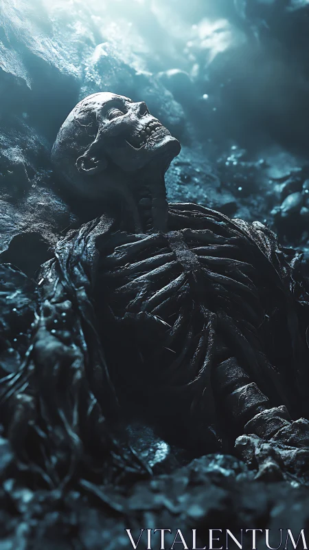 Ancient skeletal corpse lies in eerie, blue-lit cavern depths