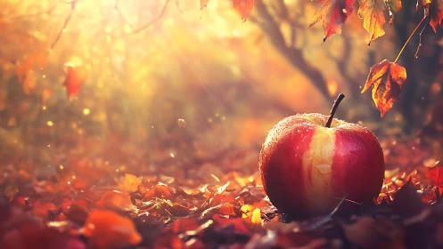 Red apple on autumn leaves under warm backlighting.
