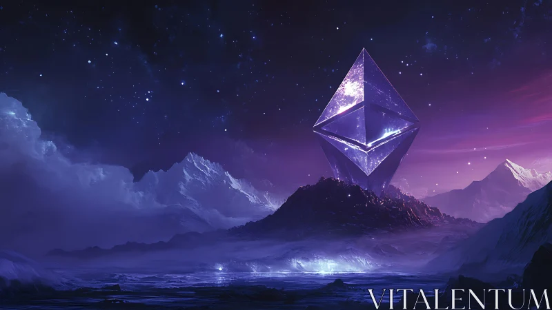 Futuristic ethereal monolith over glacial alien valley at dusk.