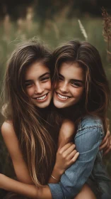 Smiling twin sisters hugging in soft natural meadow light.