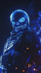 Tactical exosuit operator with luminous skull mask in blue haze