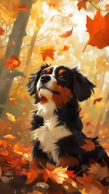 Bernese mountain dog sitting in bright autumn forest scene.
