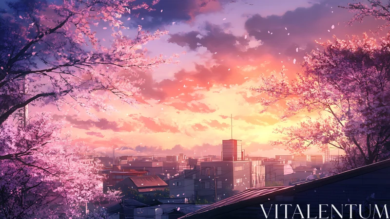 Urban skyline under cherry blossoms at sunset light.
