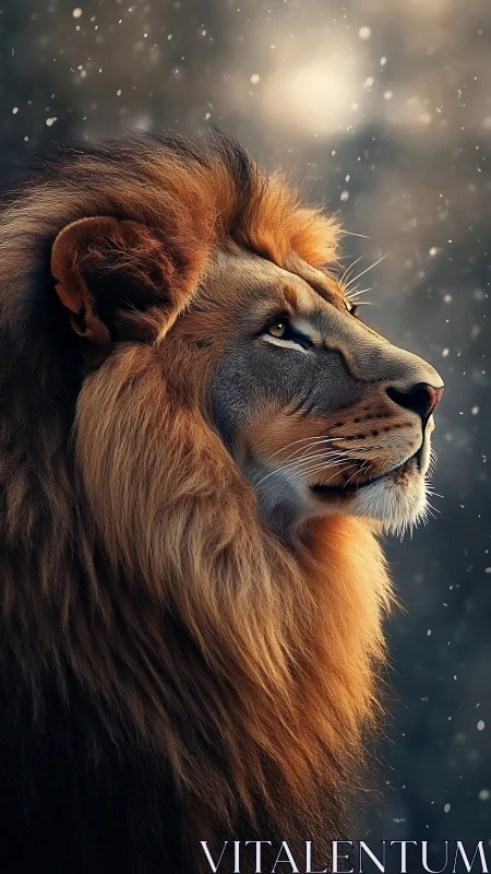 Majestic lion profile watches glowing winter snowfall