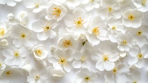 White petal arrangement with golden stamens creates ethereal floral composition.