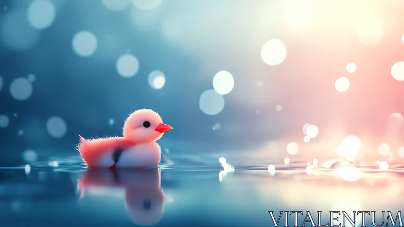 Serene Pink Duckling Floats on Dreamy Water with Bokeh Light