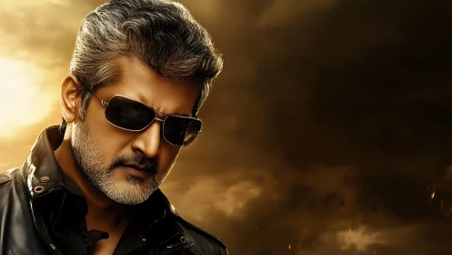 Brooding man in sunglasses under dramatic storm sky.