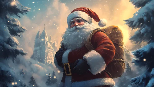 Santa crossing snowy forest before distant winter castle.