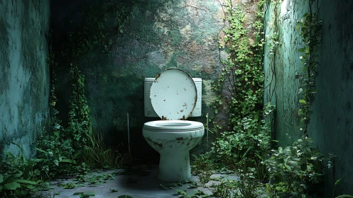 Nature quietly reclaims a forgotten emerald-tinted bathroom sanctuary