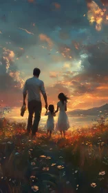 Father and daughters traverse luminous wildflower meadows toward horizon light.