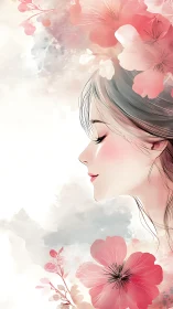 Serene profile of a young woman blooms amid soft florals