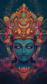 Ornate blue deity portrait with vivid lotus and gold crown