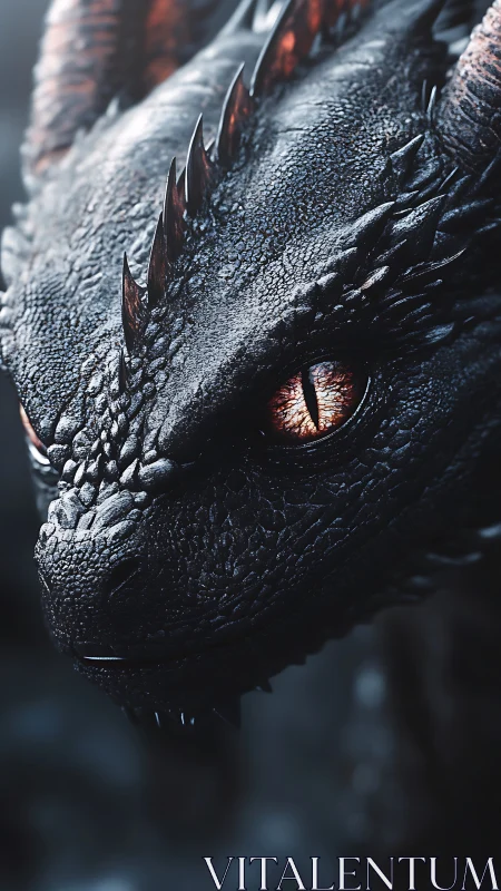 Close frontal view of textured black dragon head profile.