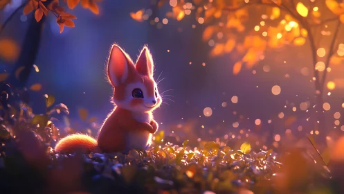 Cartoon squirrel sits in glowing forest clearing at dusk