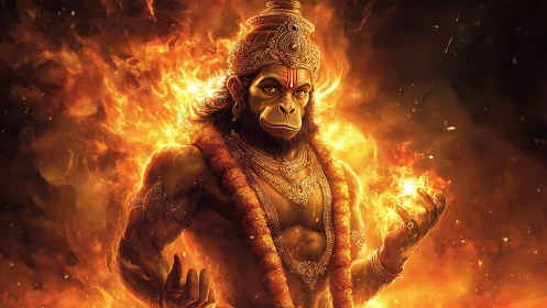 Mythic simian warrior rendered in high-dynamic fire illumination