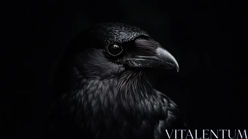 Black Raven Portrait Against Darkness.