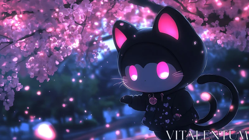 Chibi cat-hoodie character under glowing sakura at night