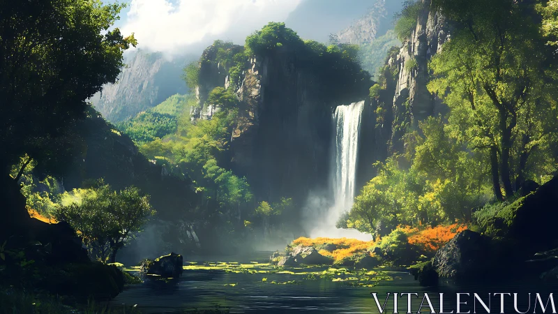 Sunlit waterfall carves a hidden cathedral of emerald cliffs