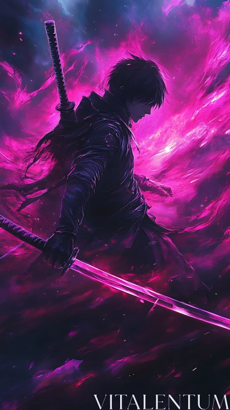 Silhouetted swordsman amid violet energy field background.