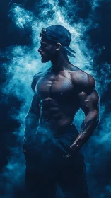 Muscular male athlete stands in blue smoke under dramatic light