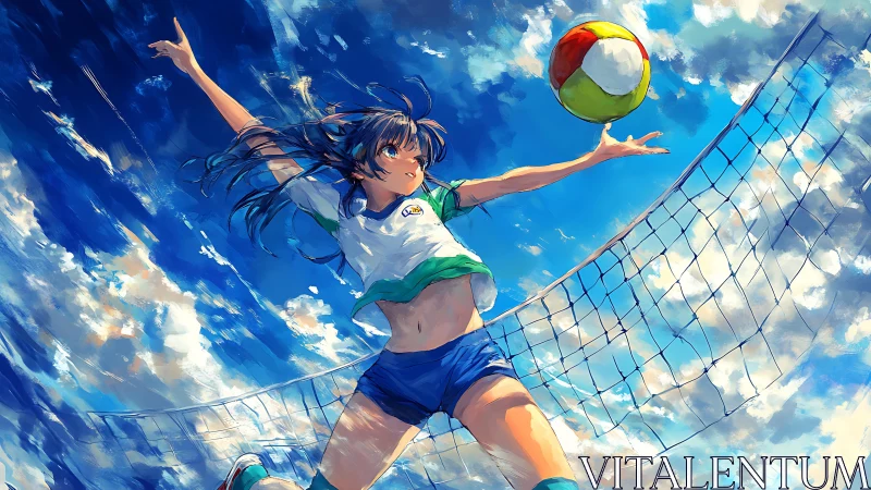 Female volleyball player jumping at outdoor net court scene.